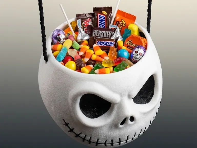 🎃 Cestino Portadolcetti Teschio Cucito — Secchiello con Manico in Osso + 3 Ciotole