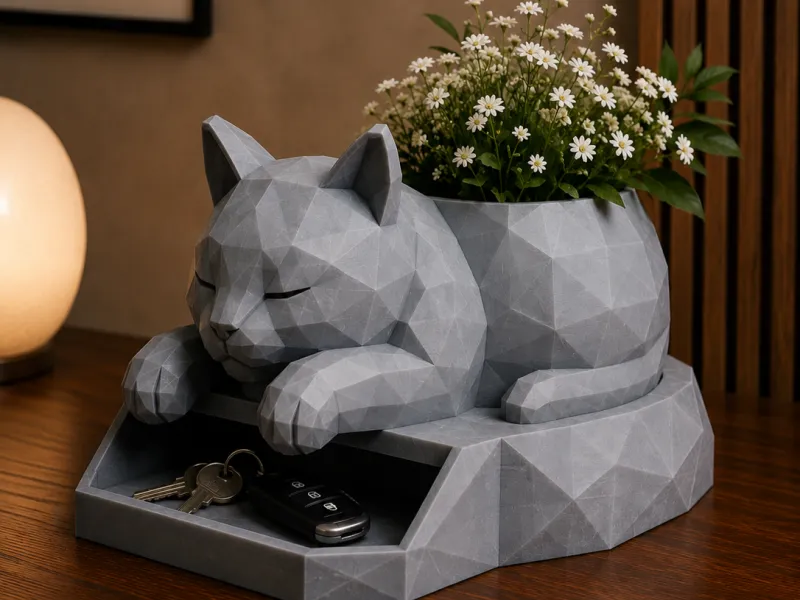 Sleeping Cat Planter&Key Organizer-Low Poly Decor