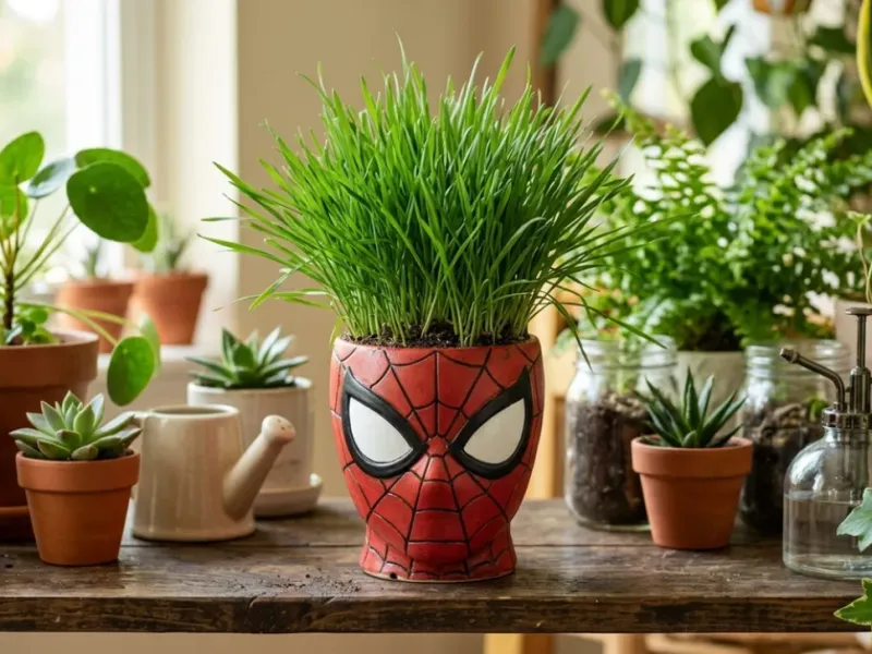 Pot de fleurs tête de Spider-Man  Vase avec cheveux en herbe