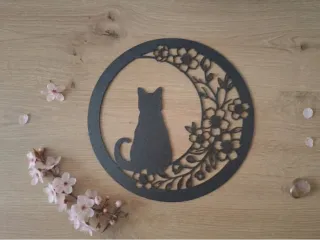 Cat, Moon, and Sakura Cherry Blossom Wall Art