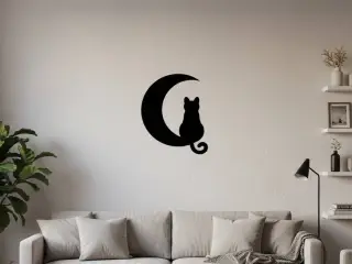 Cat on the Moon Wall Art - Minimalist Silhouette Decor