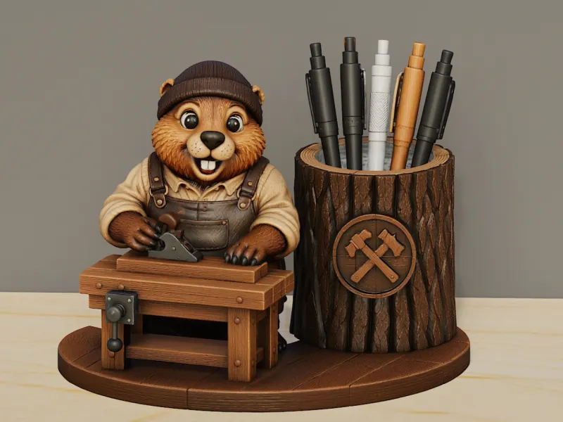 Beaver Carpenter – Woodworker Desk Organizer - Pen Holder