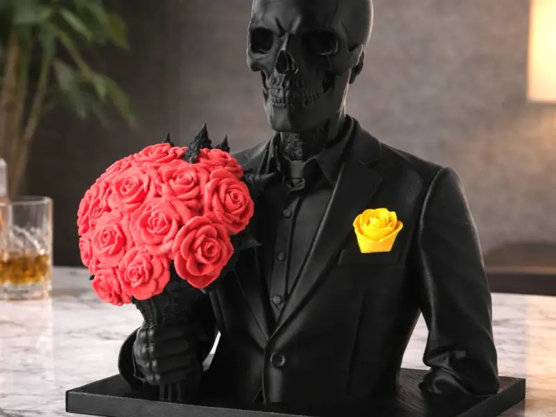 Busto Esquelético Elegante Segurando Rosas