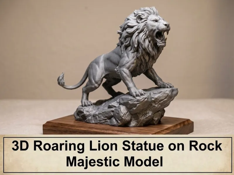 3D Roaring Lion Statue on Rock | Majestic Model