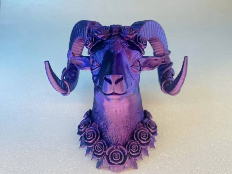 Floral Ram Bust - Gothic Ram Head with Roses Sculpture