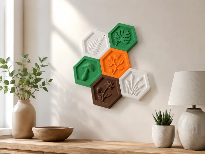 Arte da parete esagonale botanica - Set di bassorilievi vegetali