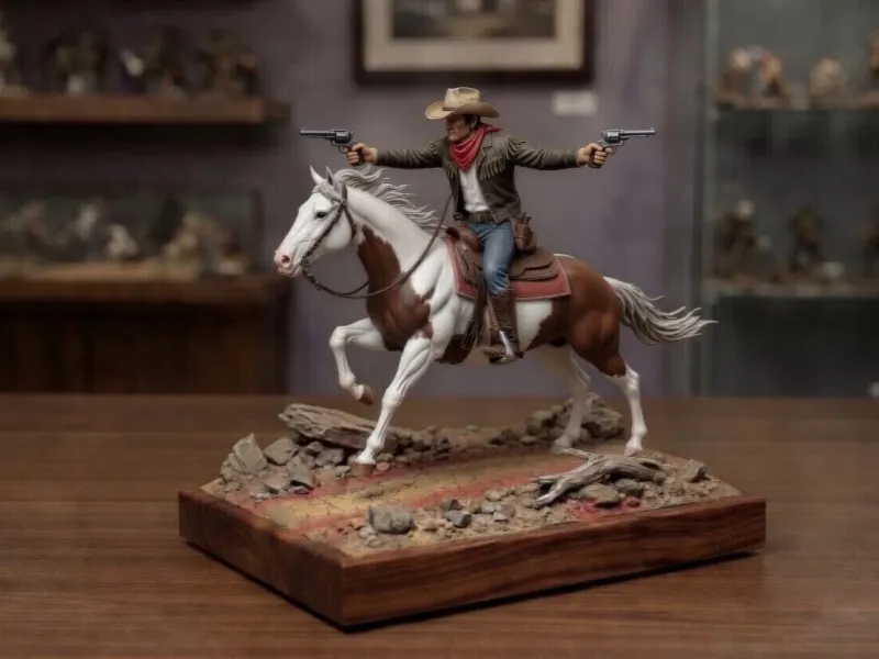Cowboy detalhado do Velho Oeste montando um cavalo em uma pose de ação