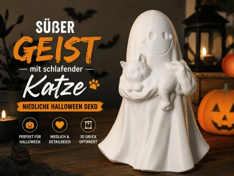 Süßer Geist mit schlafender Katze – Halloween Deko Figur