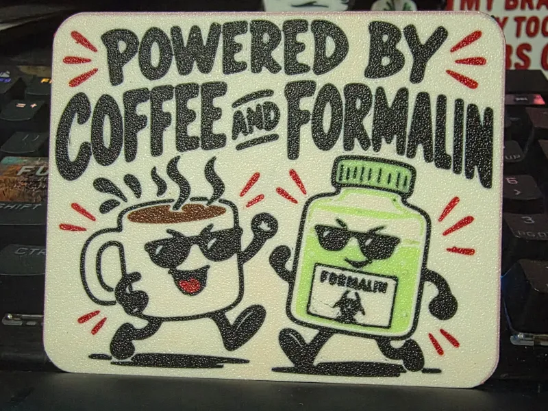 Laboratory powered by coffee and formalin sign