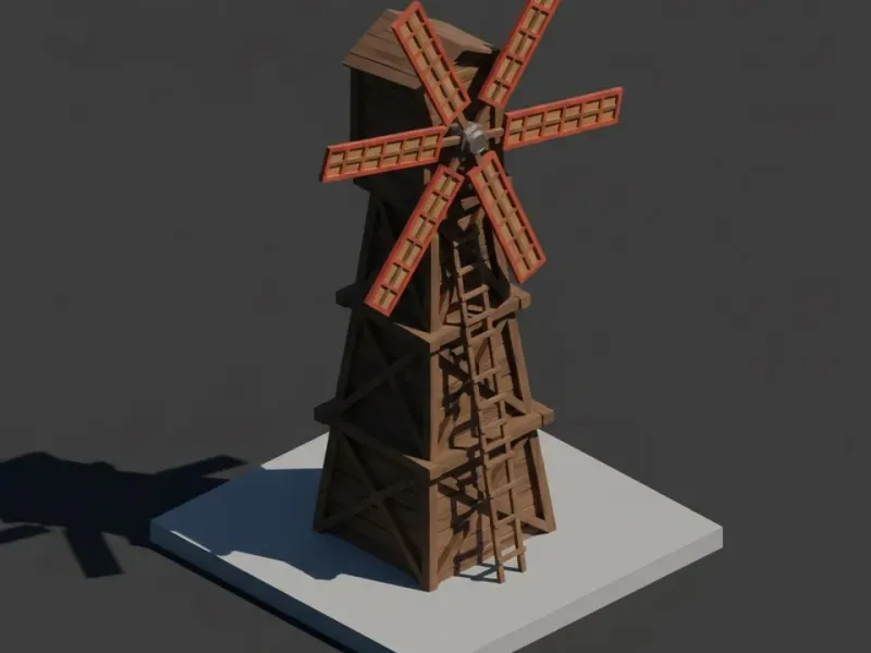 Low Poly Çiftlik Yel Değirmeni (Ahşap)