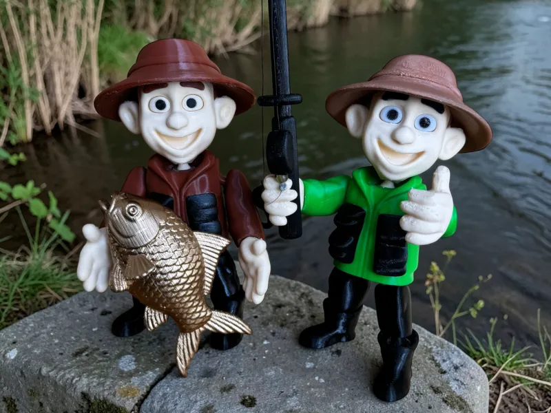 Action figure del pescatore con pesce e canna da pesca