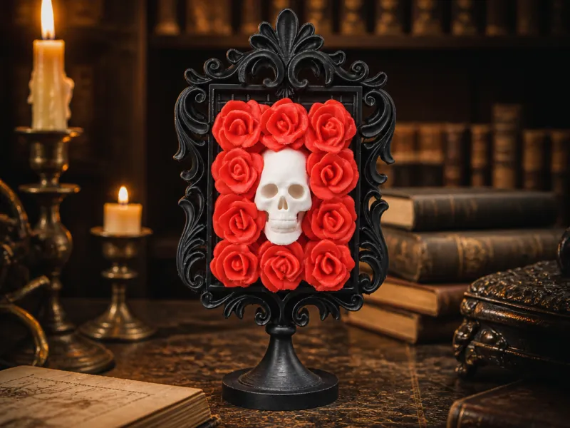 Rose Skull Frame Sculpture - Gothic Floral Composition