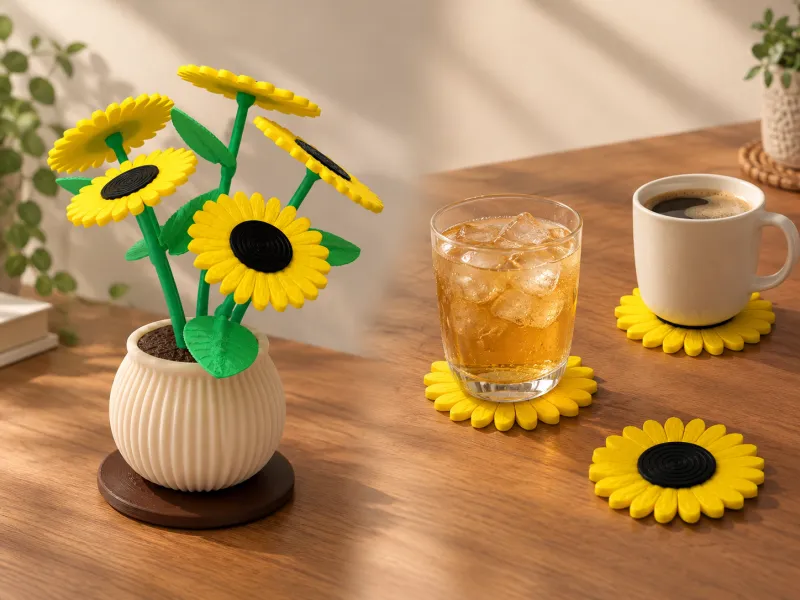 Sunflowers on Your Desk — bouquet and coasters