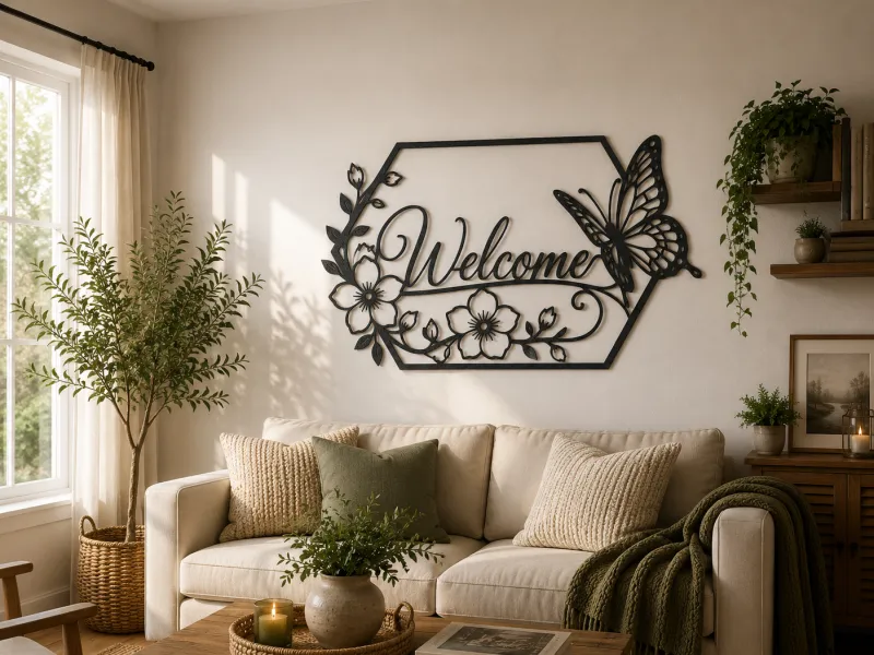Welcome Butterfly Floral Sign 2D Wall Art