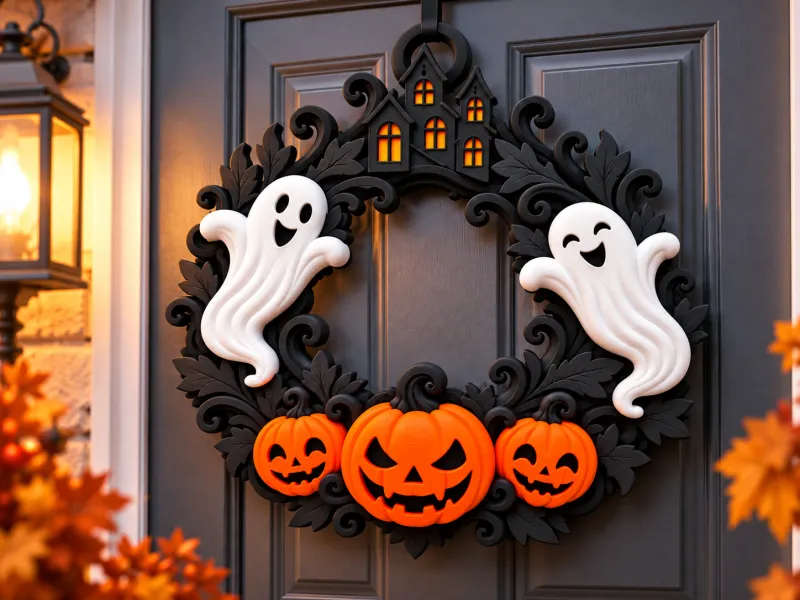Couronne de porte de maison hantée pour Halloween