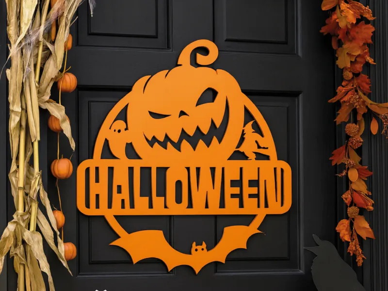 Cartello di Halloween con Zucca, Decorazione Scare Boo!, Da Appendere a Muro - Porta