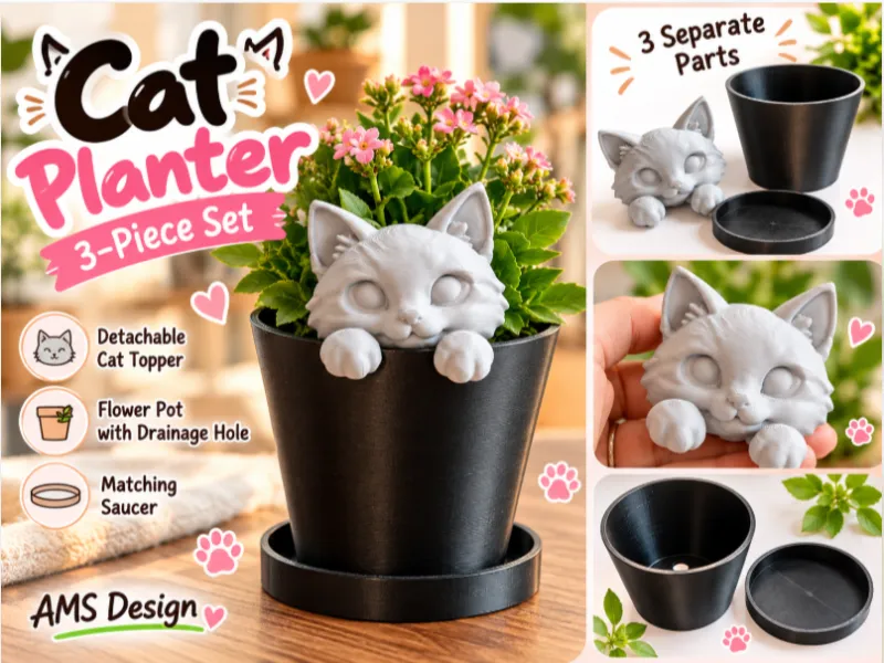 Mignon pot de fleurs Kitty – Pot de fleurs chat détachable | Ensemble 3 pièces