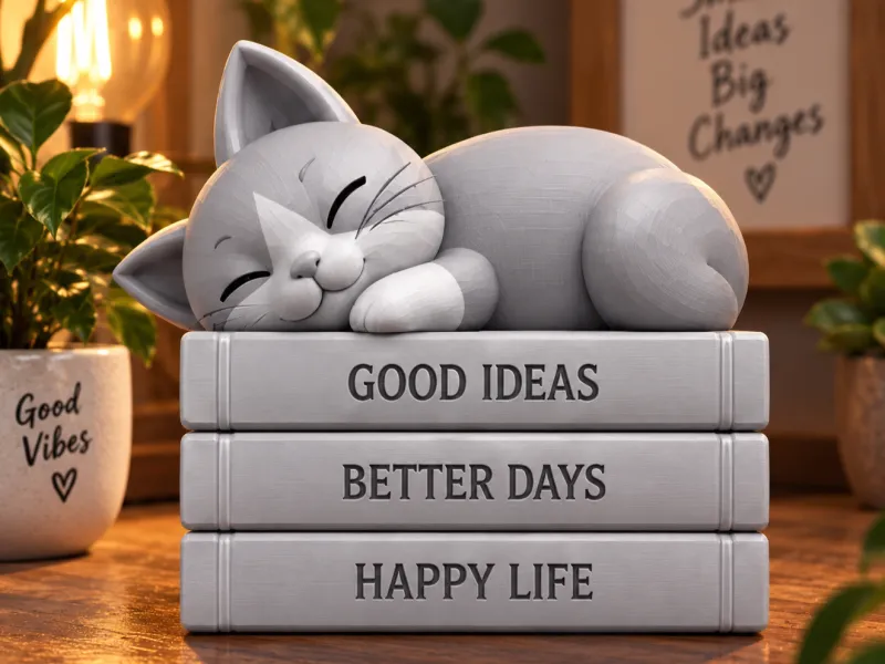 Sleeping Cat on Books – Cozy Shelf Decoration
