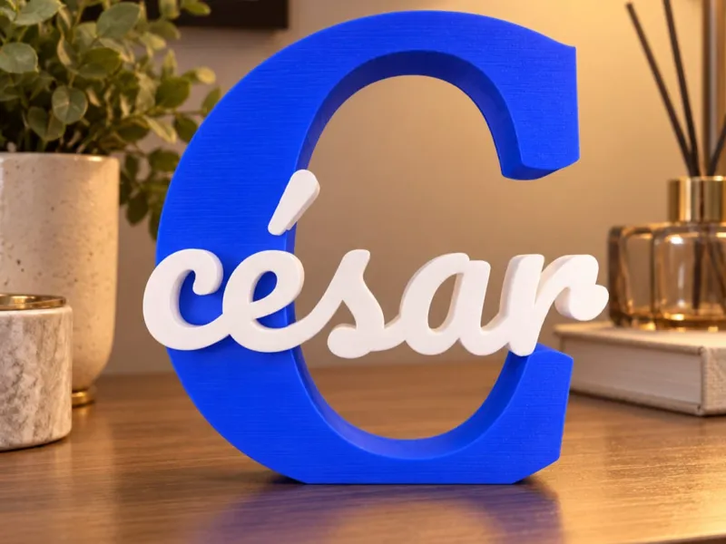 César – Dekorativer 3D-Buchstabe C mit Name | Blau und Weiß