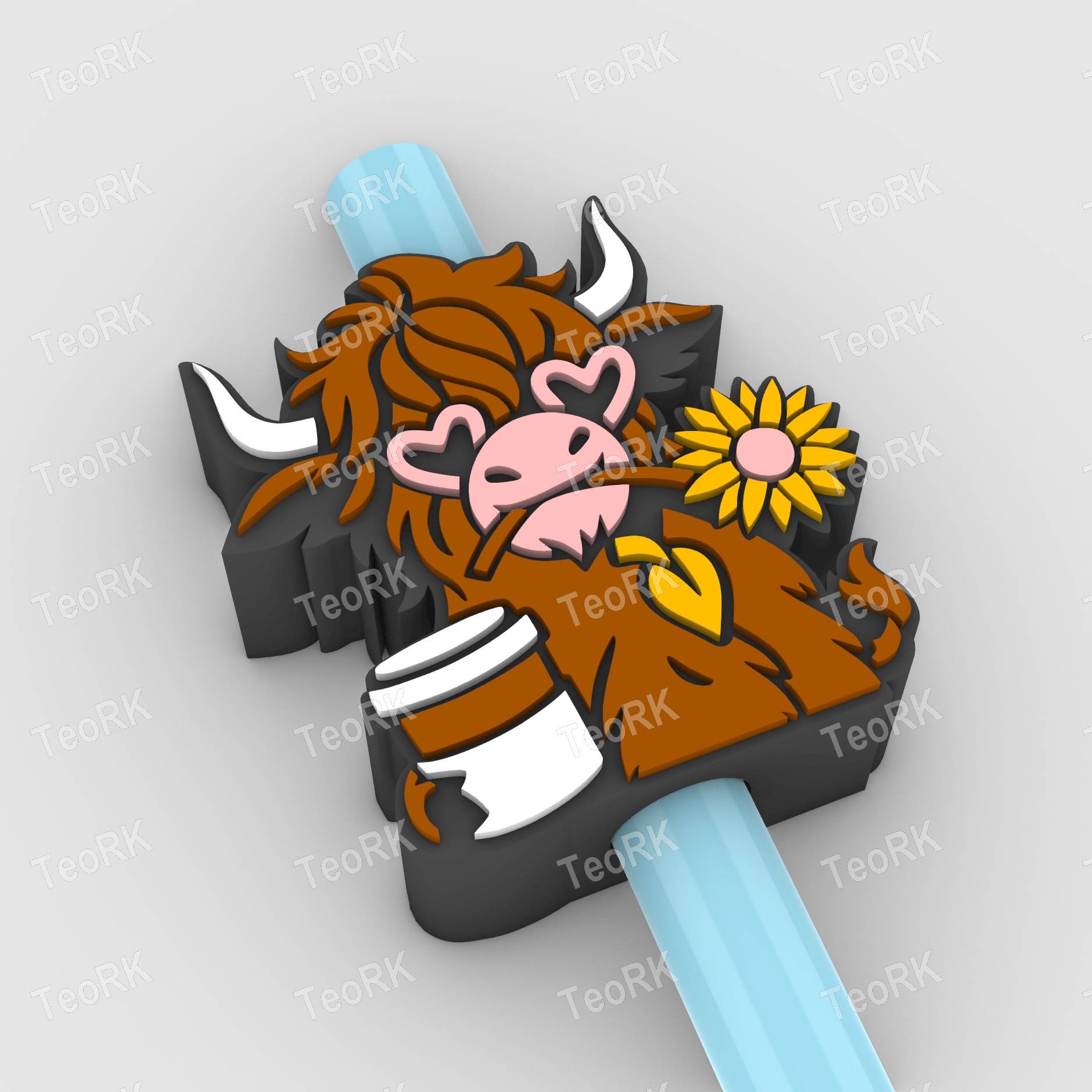 Straw Topper Highland cow in love, happy with a sunflower