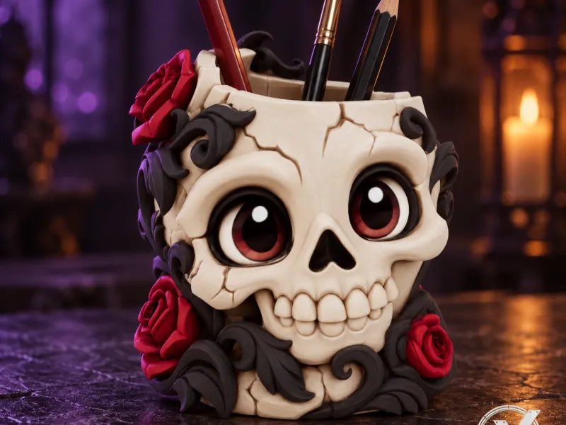 Porte-stylo crâne chibi STL, organisateur de bureau d'Halloween