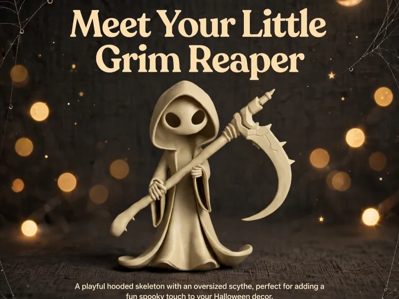 Cute Grim Reaper, Halloween Figure, Spooky Skeleton Decor