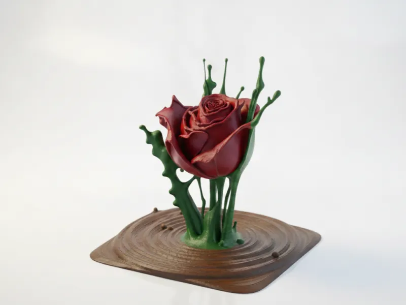Escultura de Arte com Respingos de Líquido e Rosa para Impressão 3D