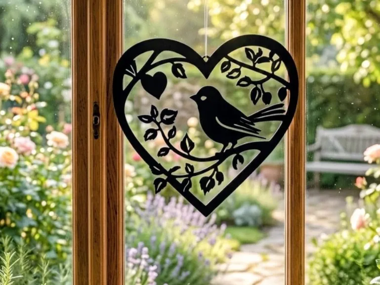 Decorazione da parete e finestra con uccello e cuore