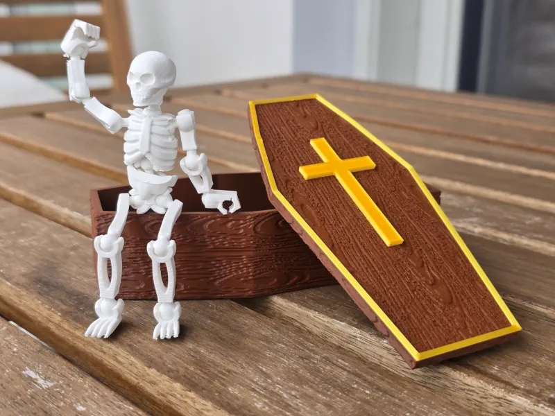 Wooden coffin / box with poseable skeleton for Halloween