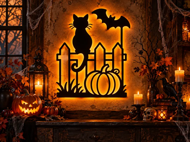 Zwarte kat hek Halloween muurkunst – Pompoen & vlermuis decoratie