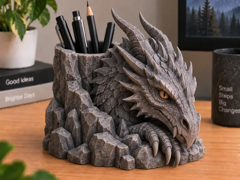 Dragon Head Pen Holder - Rocky Base Desk Organiser