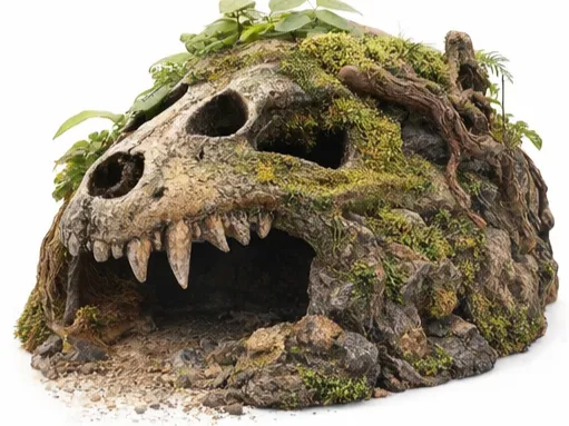 Terrarium hideout with a dinosaur skull