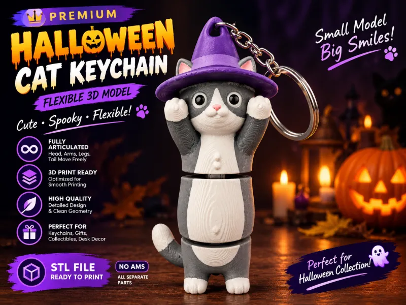 Halloween-Hexenkatze Flexi-Schlüsselanhänger – Süß, gelenkig, Spielzeug