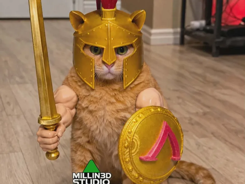 Elmo Spartano per Gatto con Braccia a Spada e Scudo