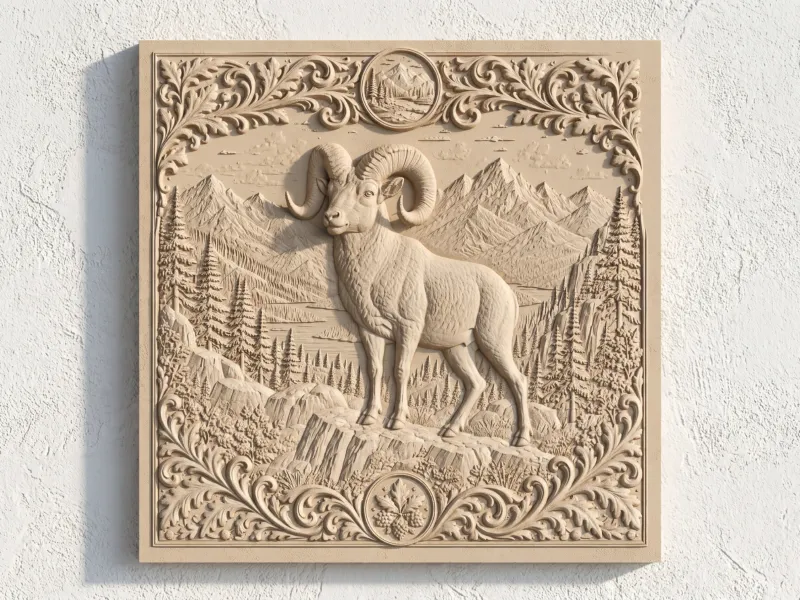 Basorelief Berbec cu coarne mari - Artă decorativă de perete cu fauna sălbatică nord-americană