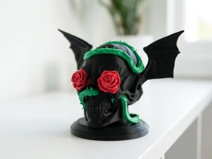 Caveira Gótica Alada com Rosas e Espinhos