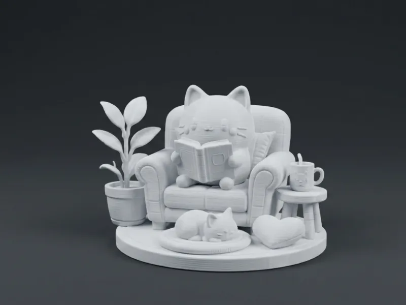 Diorama de chat lisant pour maison de poupée à l'échelle 1:12