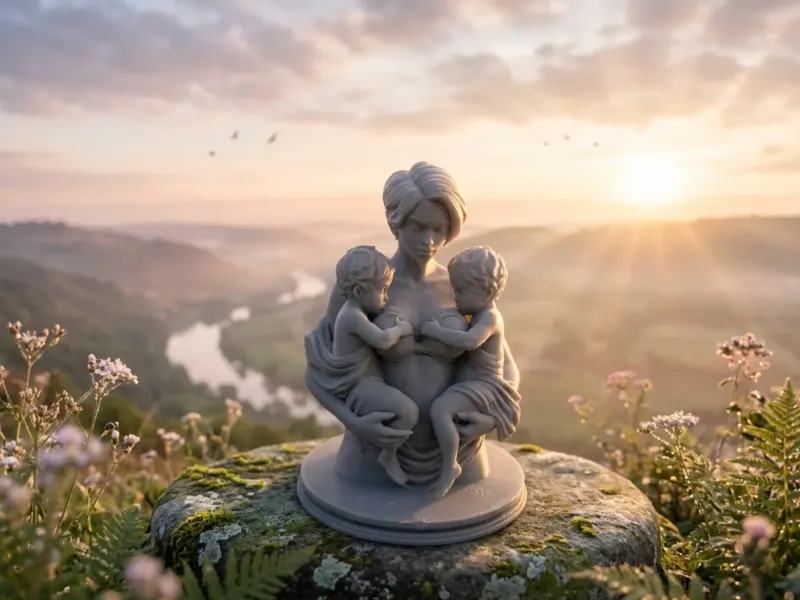 Mère avec enfants – Belle sculpture de jumeaux