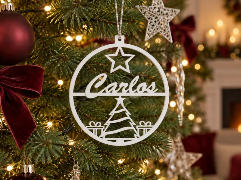 Kerstornament Carlos met Boom, Sterren en Cadeaus