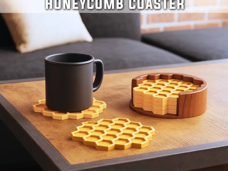 Honeycomb Coaster Set, 4. pcs with Holder, Honey - Bee Theme