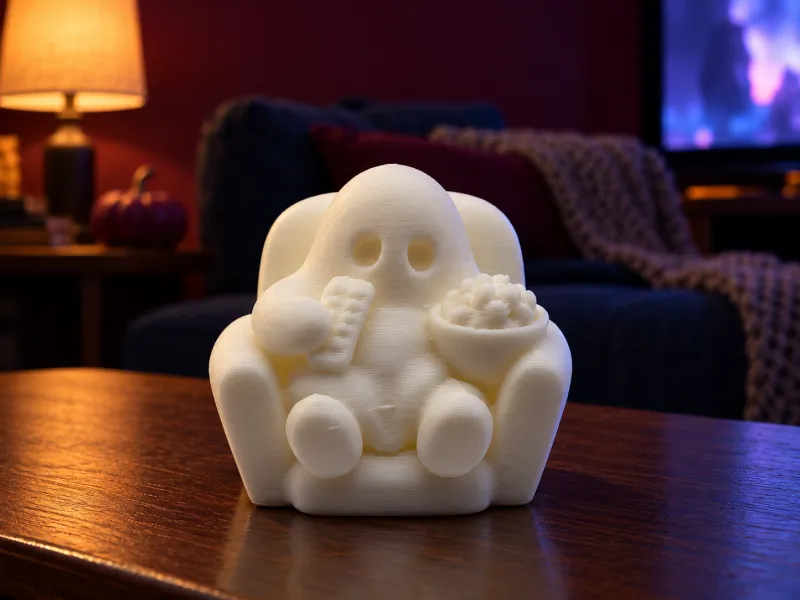 Tired Ghost Watching TV with Popcorn