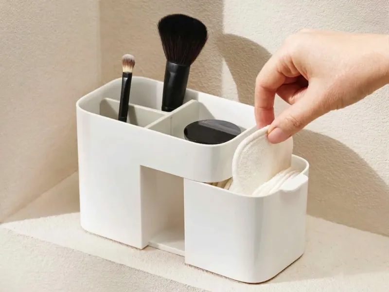 Minimalist makeup organizer with hidden drawer.