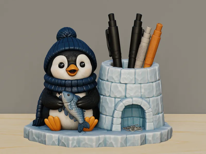 Cute Penguin - Igloo – Arctic Desk Organizer - Pen Holder