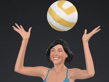 Frau am Strand mit ball ,Hände oben