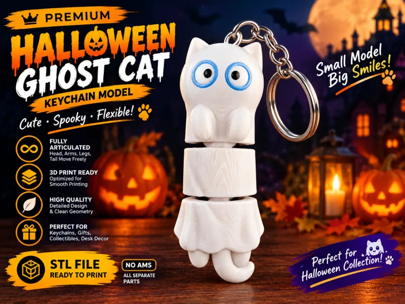 Halloween Flexi Ghost Cat Keychain – Cute Articulated toy