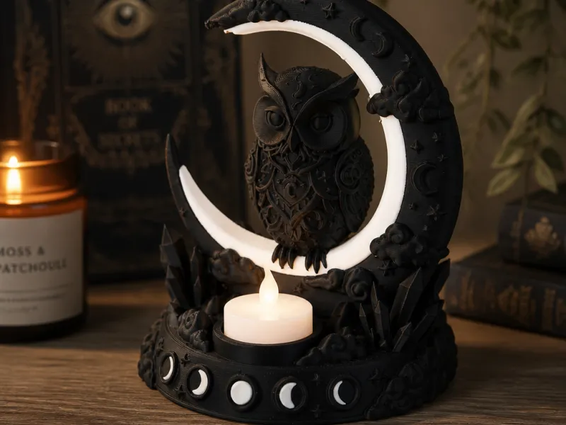 Portacandele LED a Gufo Crescente dal Design Mistico a Luna