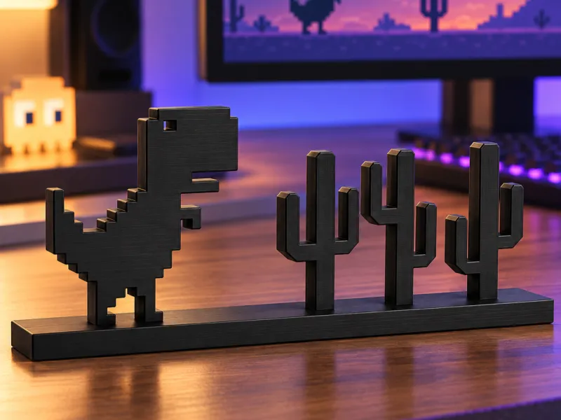 Pixel-Dinosaurier und Kaktus Schreibtischskulptur STL – Retro 8-Bit G