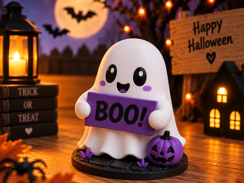 Cute Halloween Ghost with BOO Sign & Pumpkin