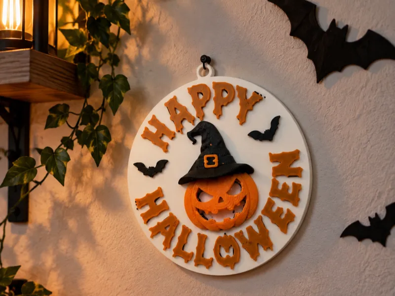 Happy Halloween Wall Sign – Pumpkin Bats Decoration