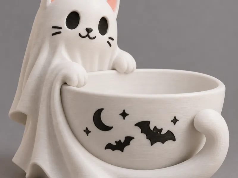 Ghost Cat Bowl - Halloween Teacup Catchall
